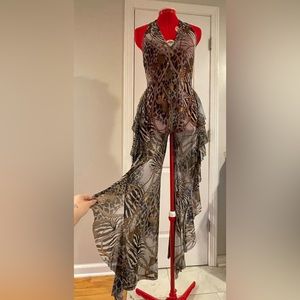 90s Y2K MadRag Mesh Animal Print / Gold Chain Printed Sheer Halter Jumpsuit